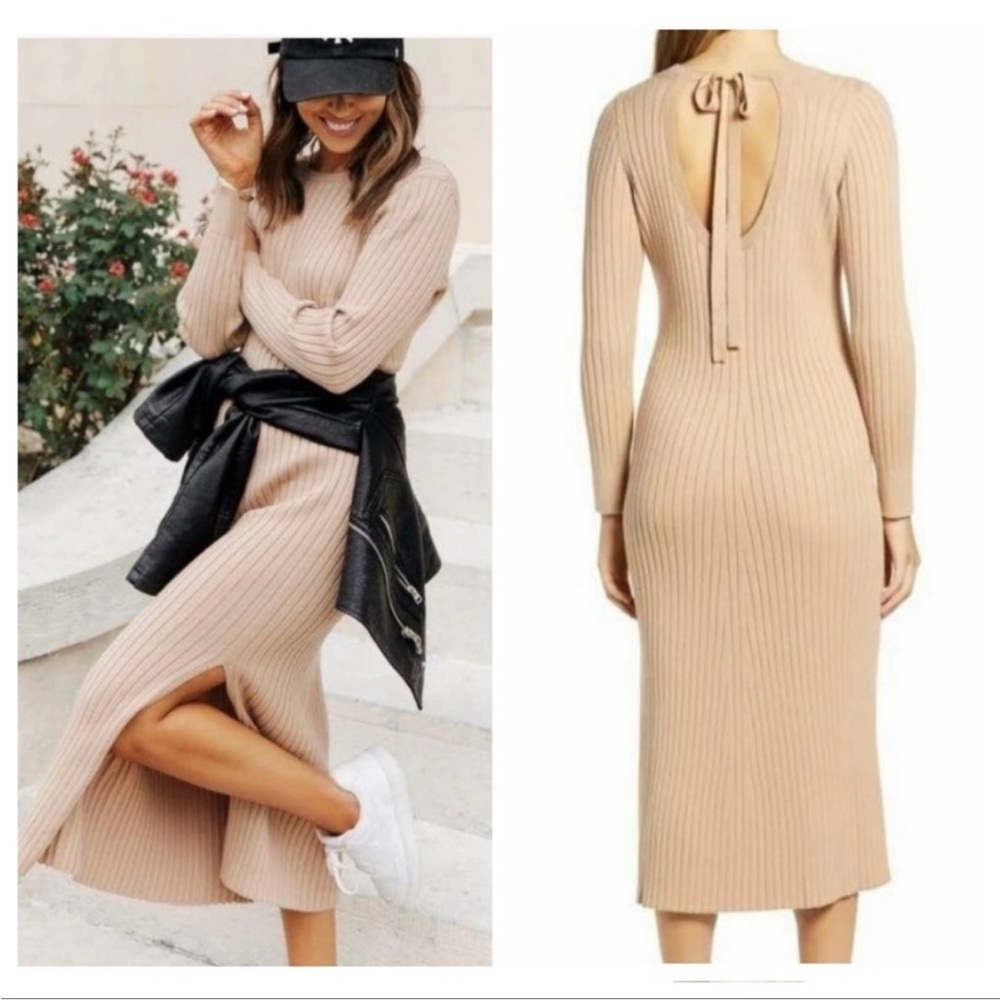 WAYF Women's Sweater Dress Ribbed Tie Back Slit Midi Beige XS
